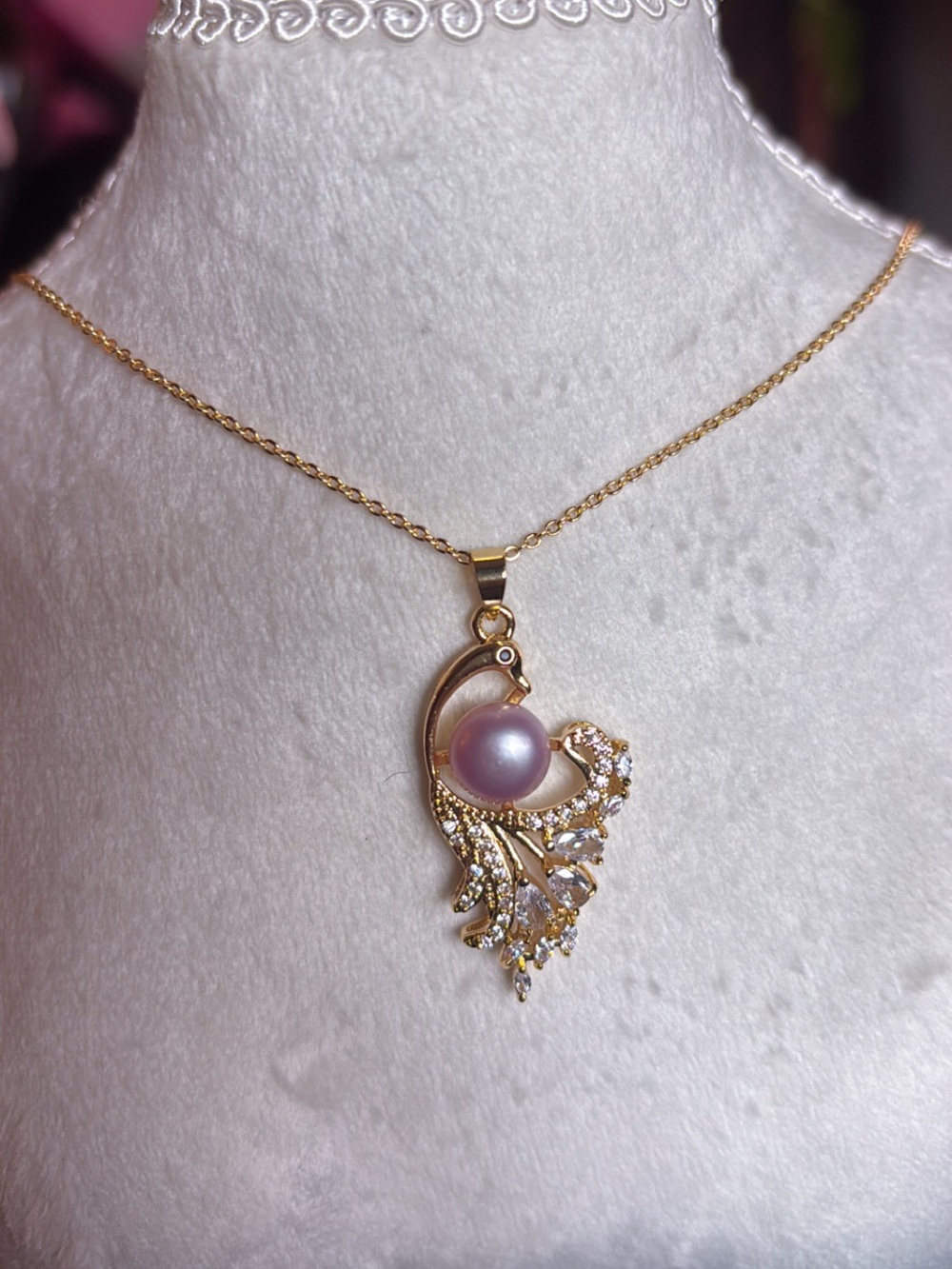 18k Gold Plated Peacock Pendant with Freshwater Lavender Pearl and CZ